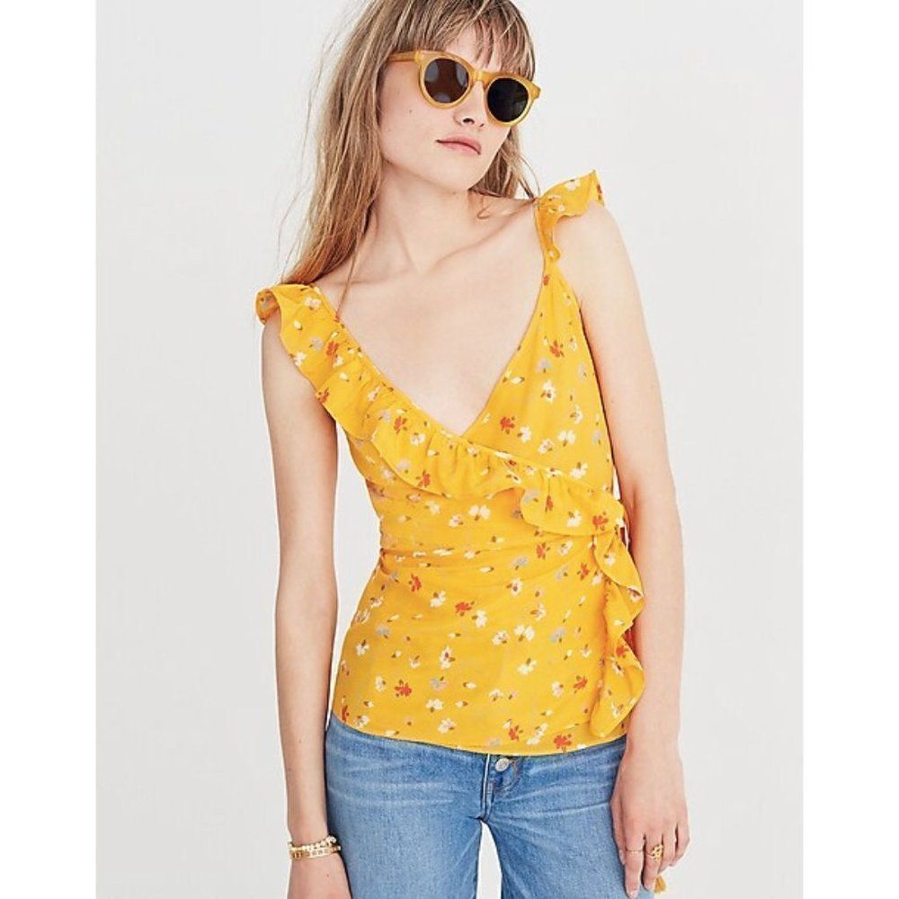 Madewell yellow floral Painted Carnations silk ruffle flutter wrap tie tank top